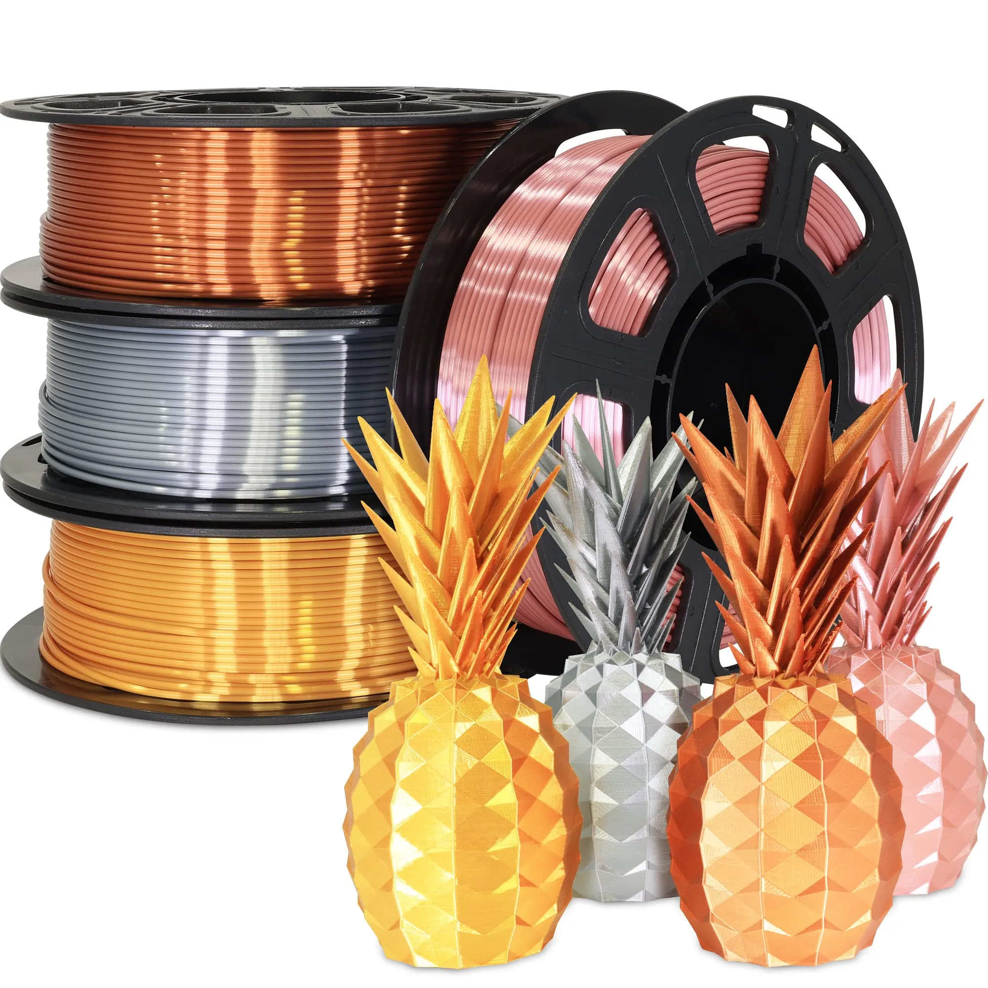 1.75mm 4 Spools Silk PLA 3D Printer Filament Bundle: Shiny Metallic Gold/Silver/Copper/Rose Gold, Each Spool 250g, Widely Fit for 3D Printer/Pen, Total 1Kg 3D Printing Filament Material