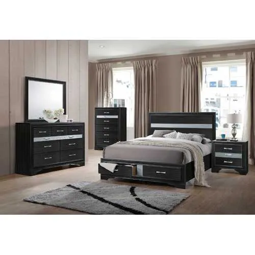 63" X 84" X 50" Black Wood Queen Bed w/Storage