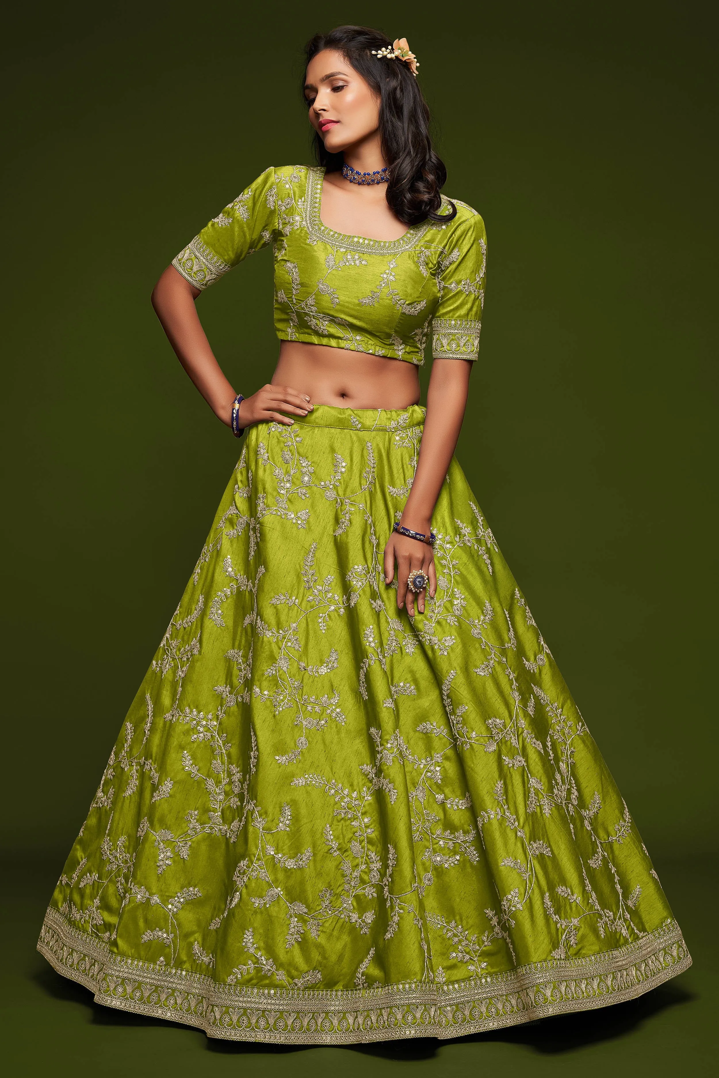 Beautiful Neon Green Thread Embroidered Silk Wedding Wear Lehenga Choli