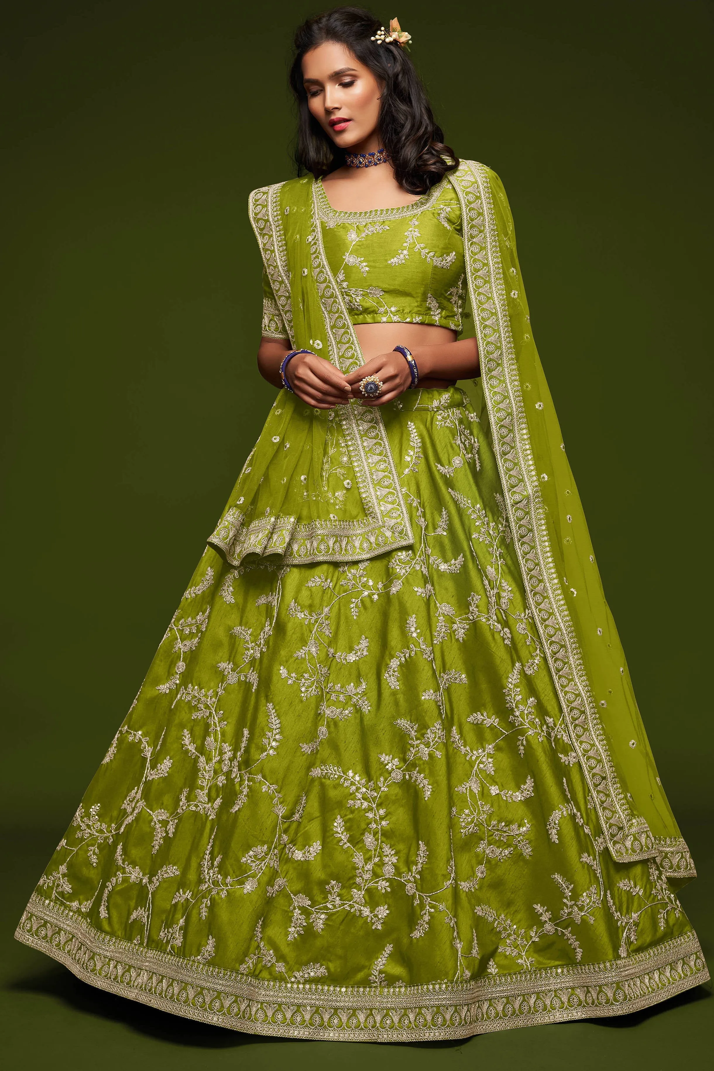 Beautiful Neon Green Thread Embroidered Silk Wedding Wear Lehenga Choli