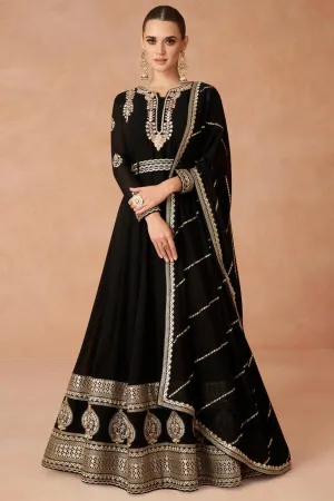 Black Color Exquisitely Embroidered Faux Georgette Gown with Matching Belt and Dupatta