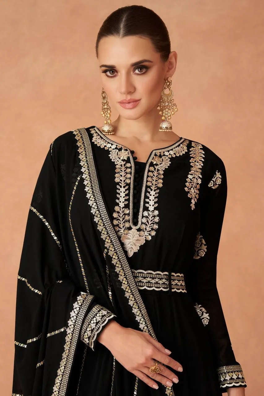 Black Color Exquisitely Embroidered Faux Georgette Gown with Matching Belt and Dupatta