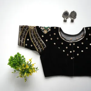 Black Taffeta Silk Blouse with Golden Embroidery and Sequin Touch