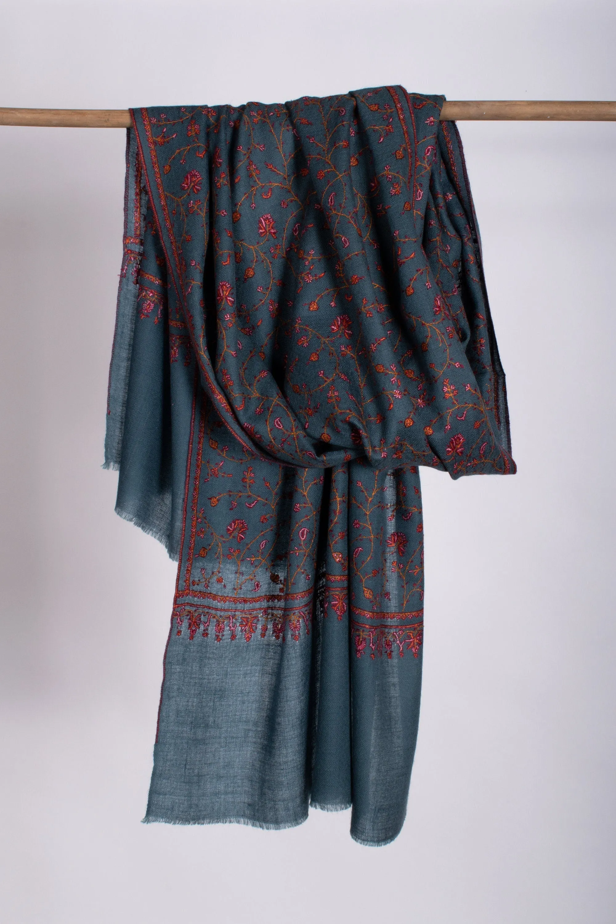 Blue Gray Scarves, Super Soft Pashminas, Needlework Embroideries, Kashmiri Shawls, Summer Wraps, Organic Scarf, 28x80" - MARSALA