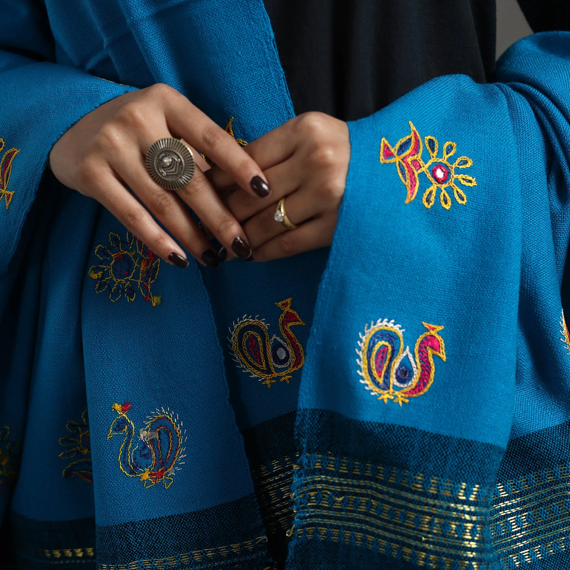 Blue - Kutch Ahir Hand Embroidery Woollen Shawl 50