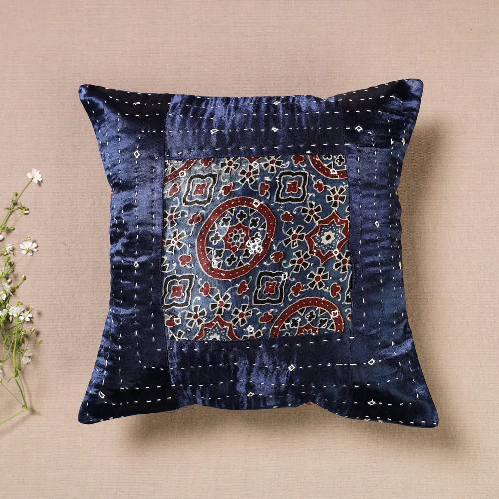 Blue - Kutch Embroidered Ajrakh Mashru Silk Cushion Cover (12 x 12 in)