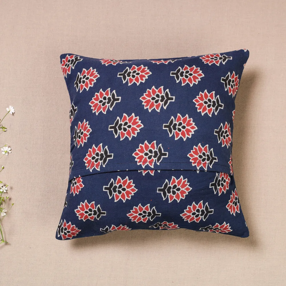 Blue - Kutch Embroidered Ajrakh Mashru Silk Cushion Cover (12 x 12 in)