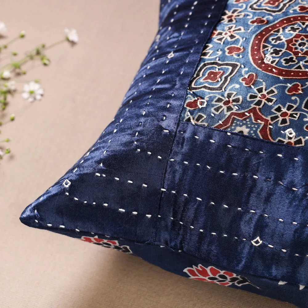 Blue - Kutch Embroidered Ajrakh Mashru Silk Cushion Cover (12 x 12 in)