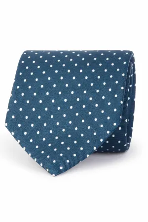 Blue printed tie with white micro polka dots