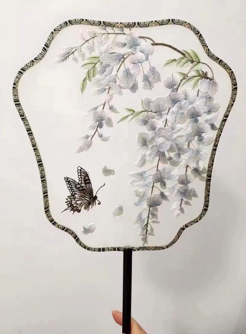 Bluedail Blooming Flowers with Butterfly Single Side Embroidered Handheld Fan Traditional Chinese Fashion