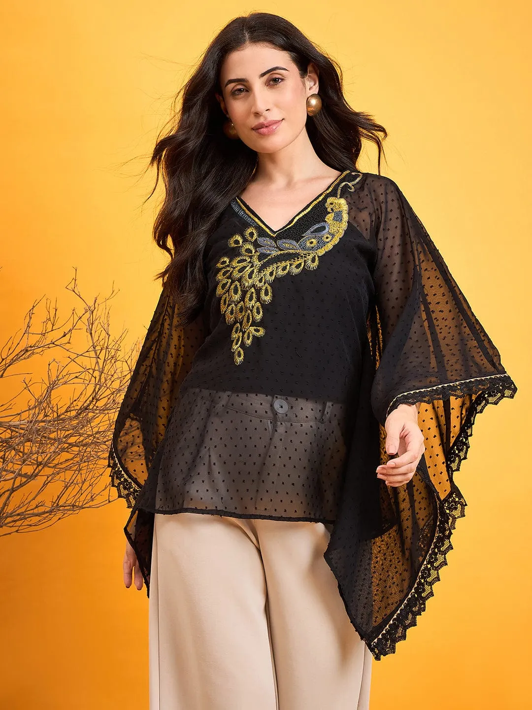 Bright Gold Embroidered Black Kaftan Top