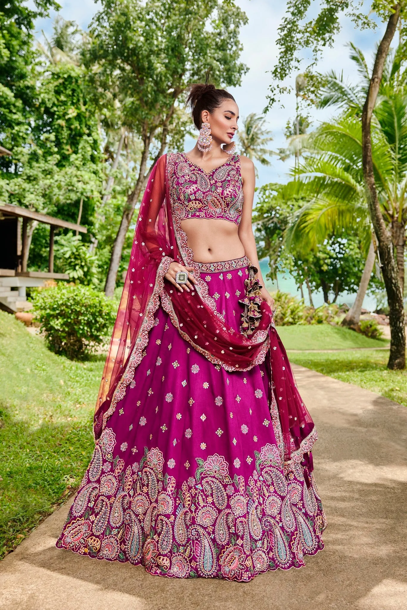 Burgundy Satin Silk Sequins and Zarkan embroidery Semi-Stitched Lehenga choli & Dupatta