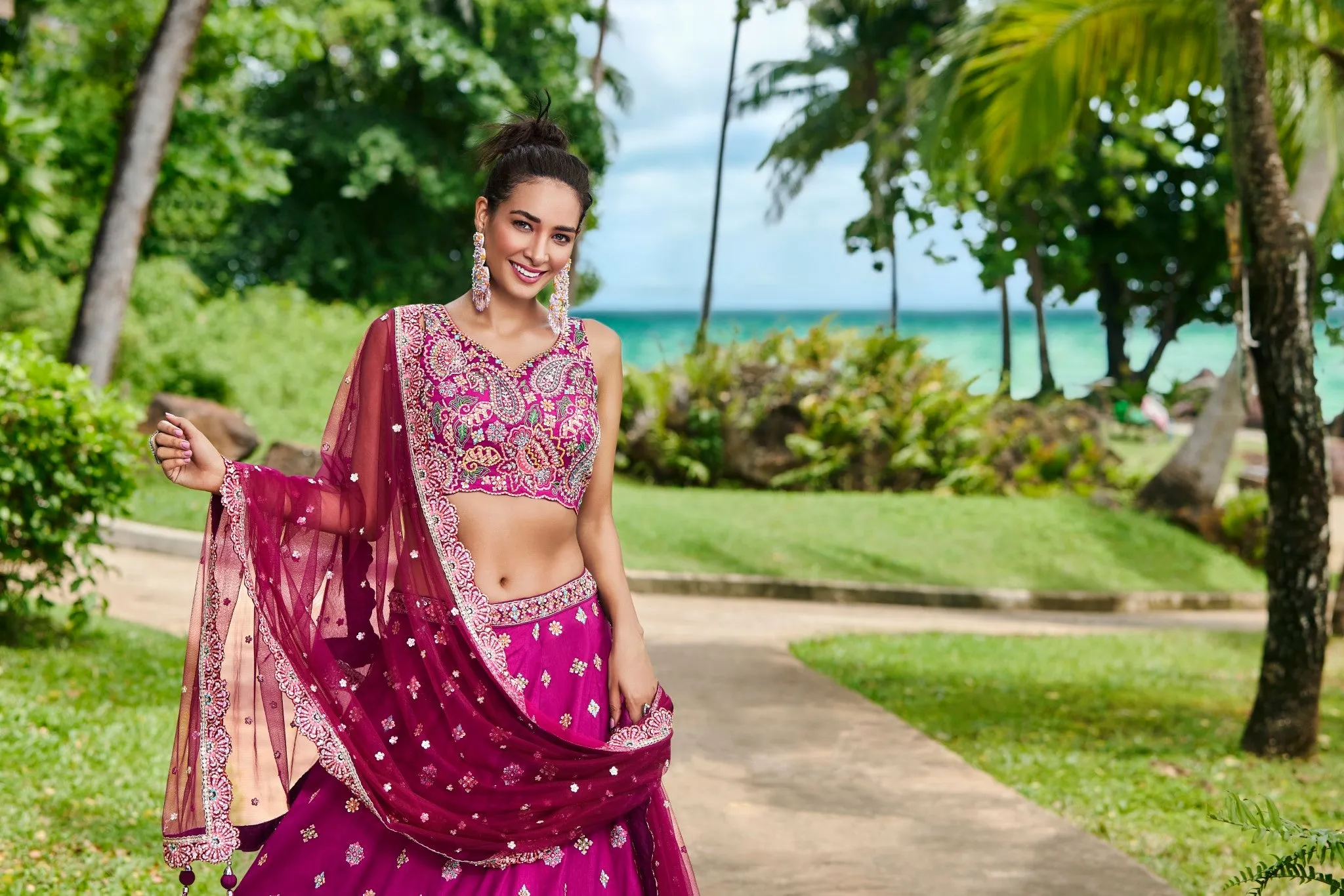 Burgundy Satin Silk Sequins and Zarkan embroidery Semi-Stitched Lehenga choli & Dupatta