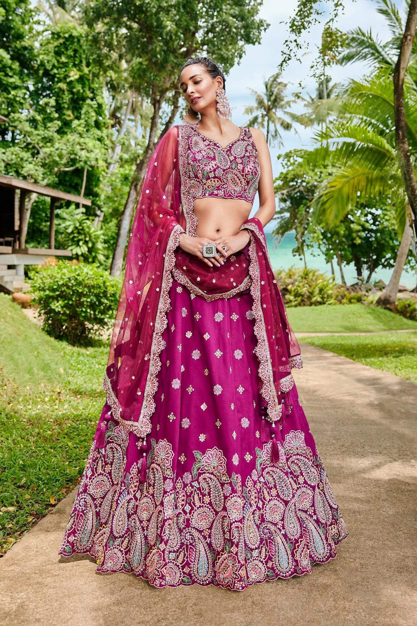 Burgundy Satin Silk Sequins and Zarkan embroidery Semi-Stitched Lehenga choli & Dupatta