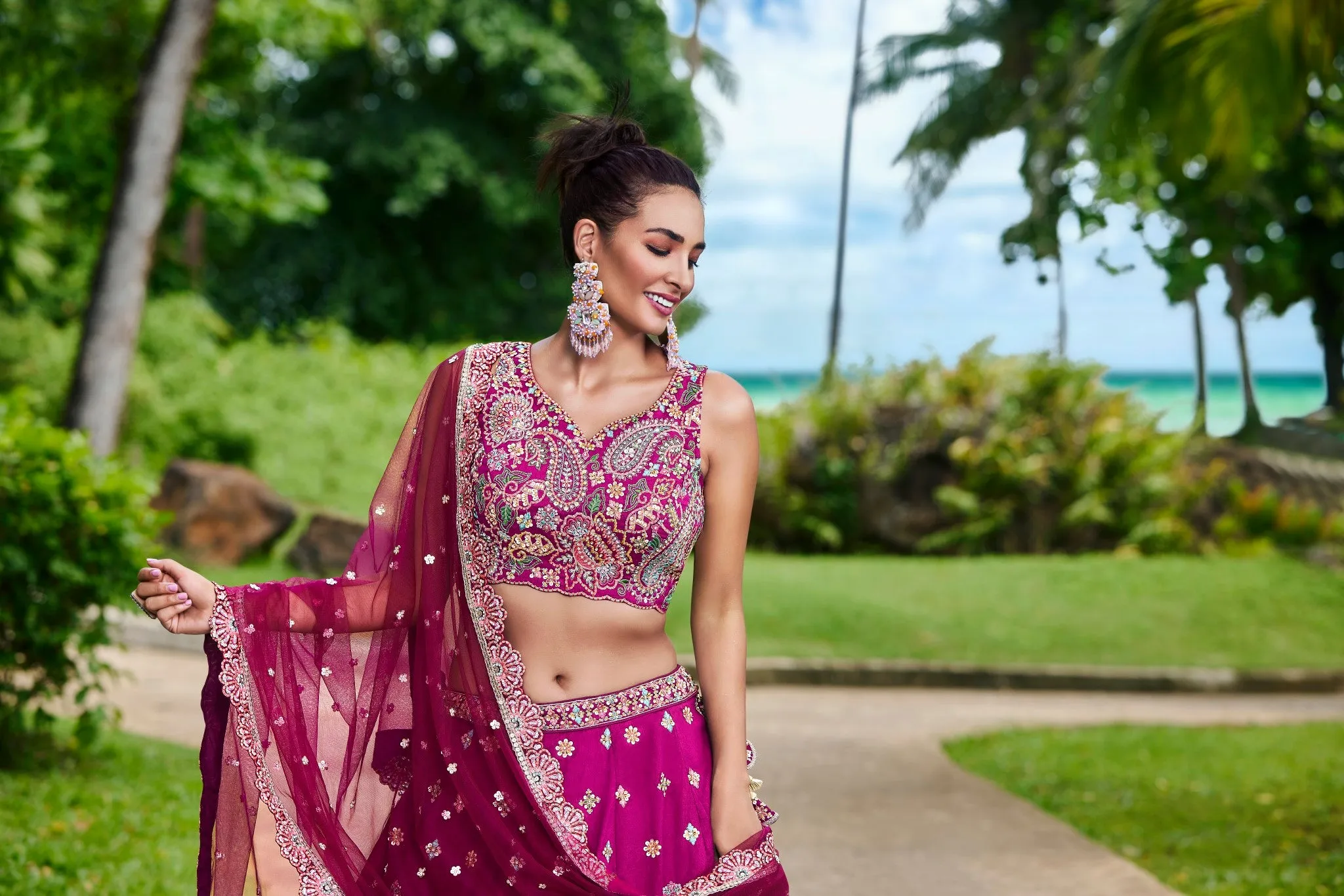 Burgundy Satin Silk Sequins and Zarkan embroidery Semi-Stitched Lehenga choli & Dupatta