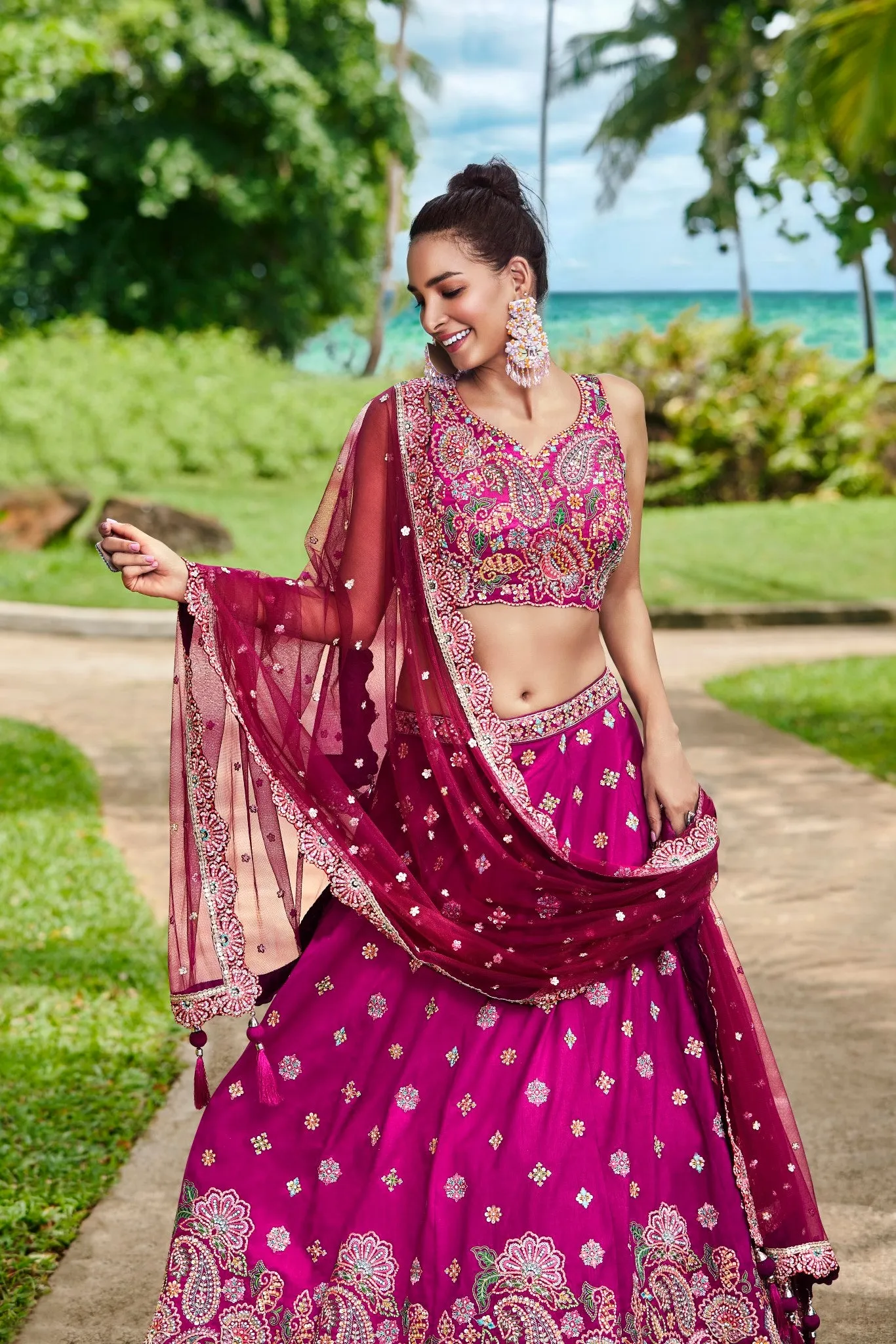 Burgundy Satin Silk Sequins and Zarkan embroidery Semi-Stitched Lehenga choli & Dupatta