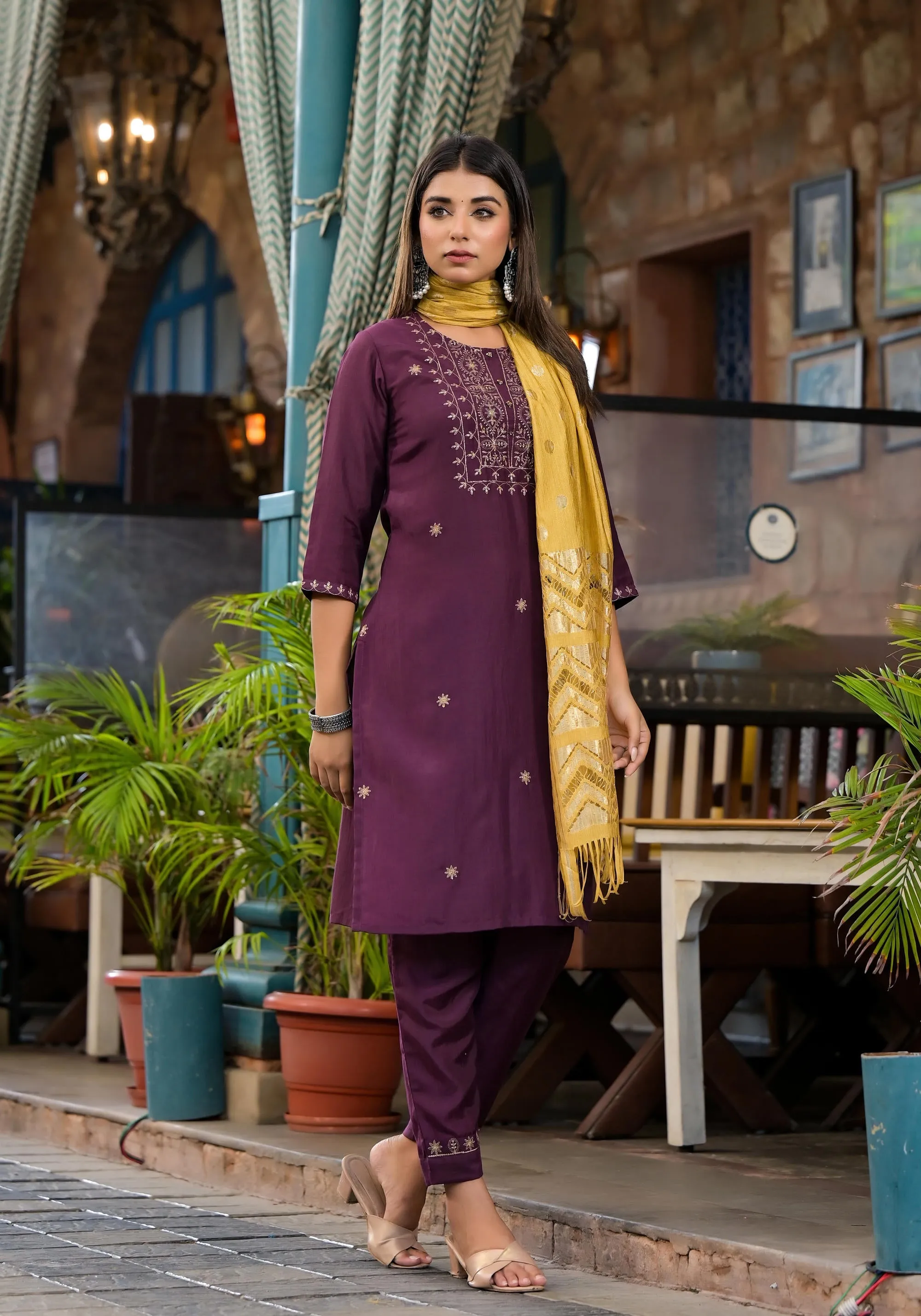 Burgundy Zari Embroidered Chinon Kurta Pant And Dupatta Set With Zari Work & Beads