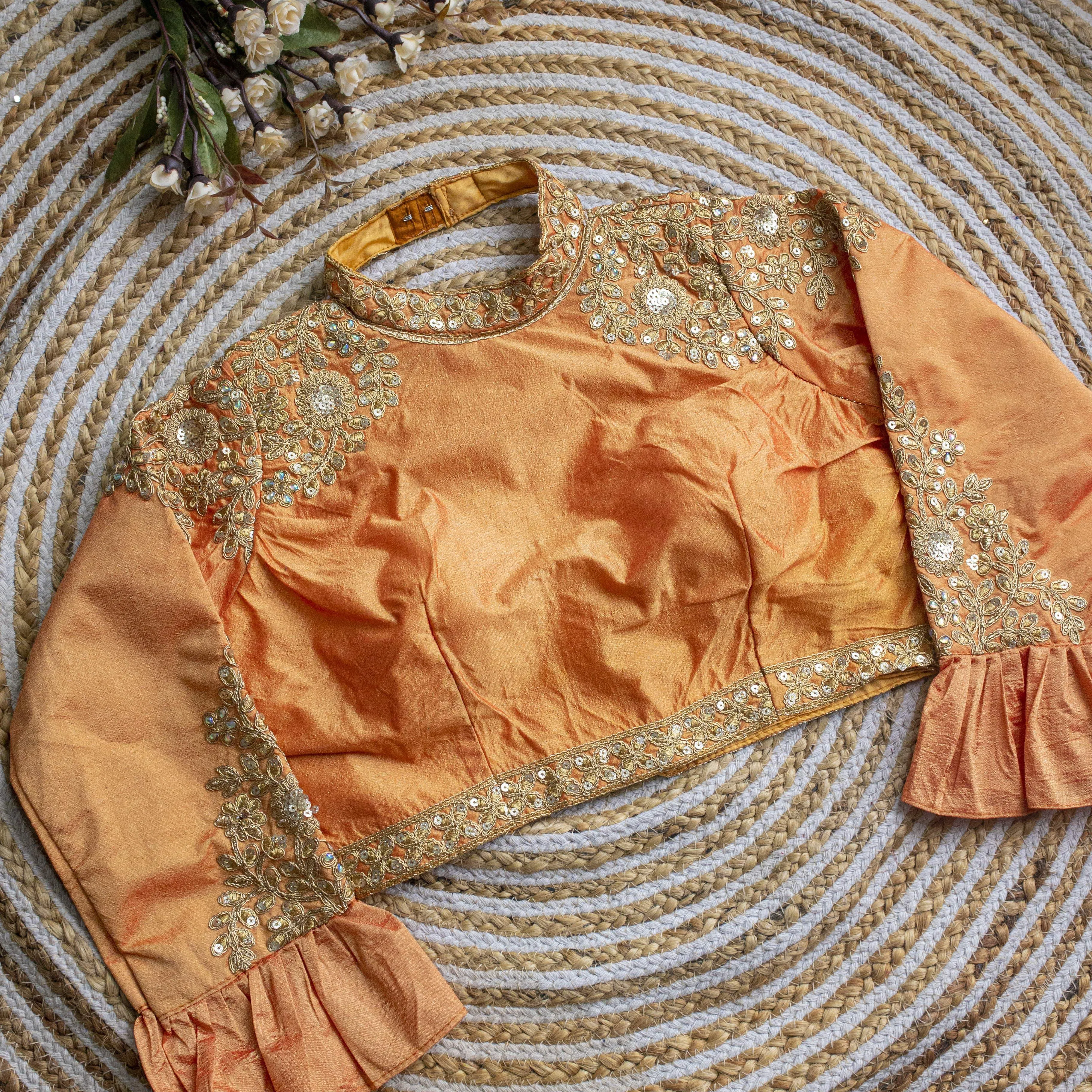 Cream Golden Sequence Embroidered Blouse in glossy silk