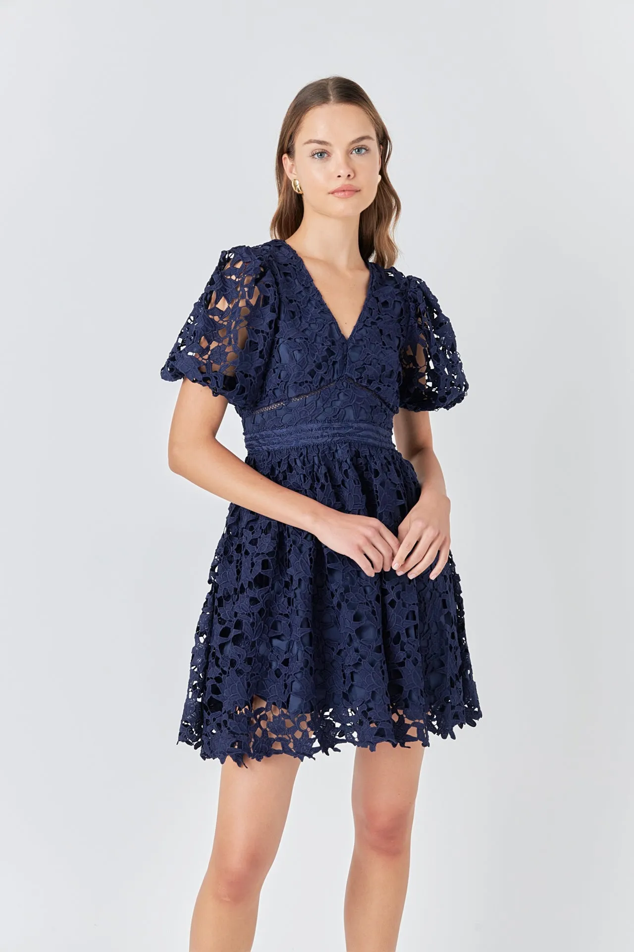 Crochet Lace Puff Sleeve Mini Dress