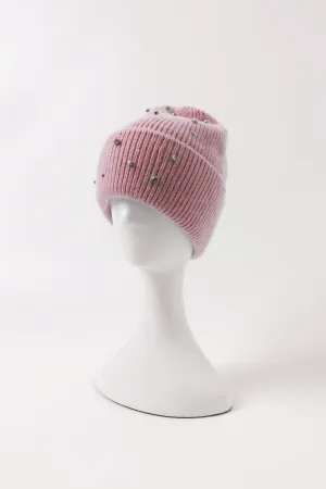 Crystal Embellished Angora Beanie Hat