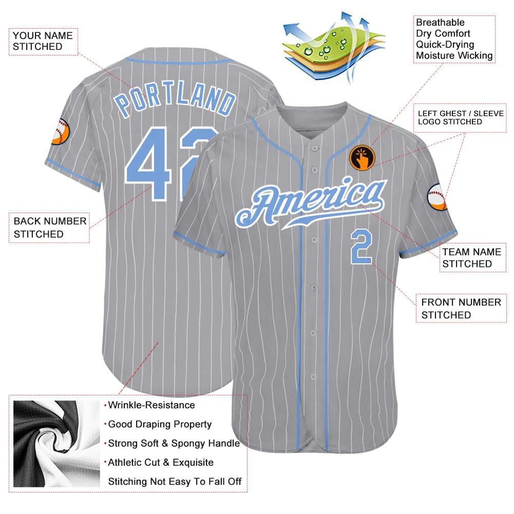 Custom Gray White Pinstripe Light Blue-White Authentic Baseball Jersey