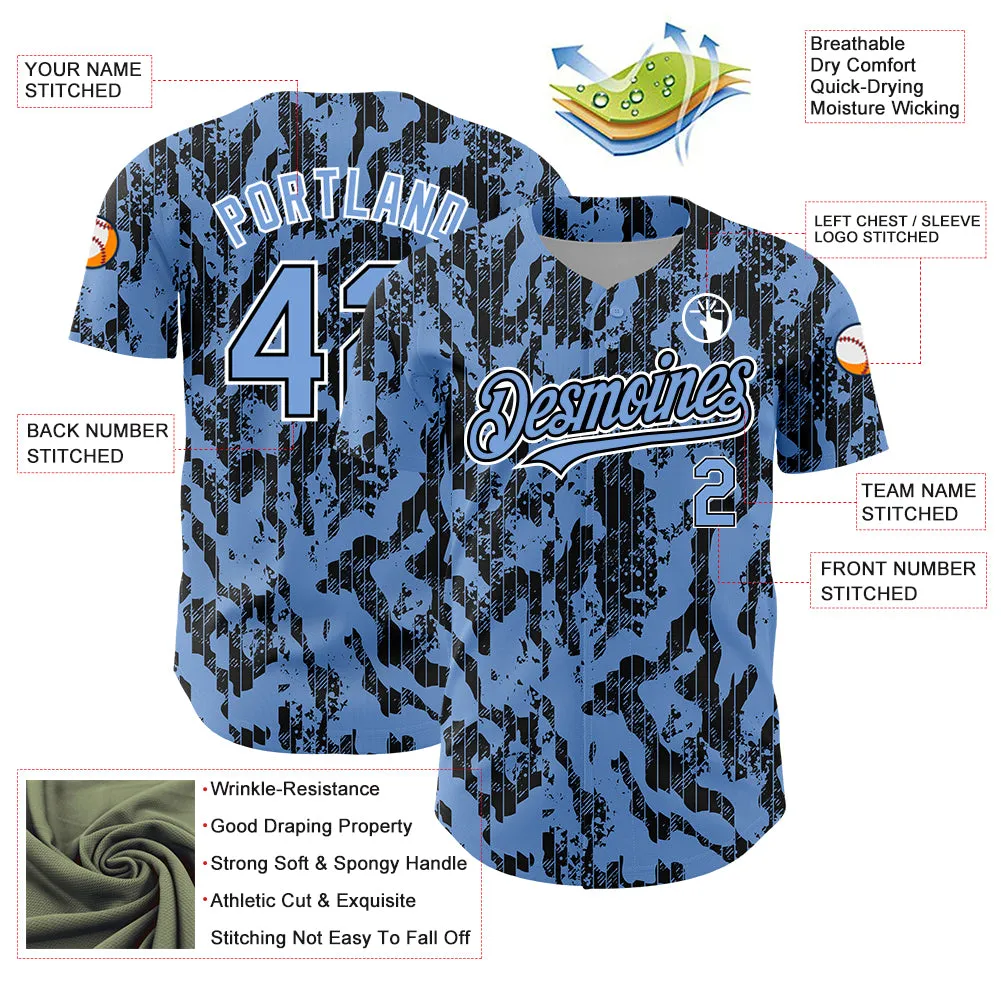 Custom Light Blue Black-White 3D Pattern Design Abstract Fluid Authentic Baseball Jersey