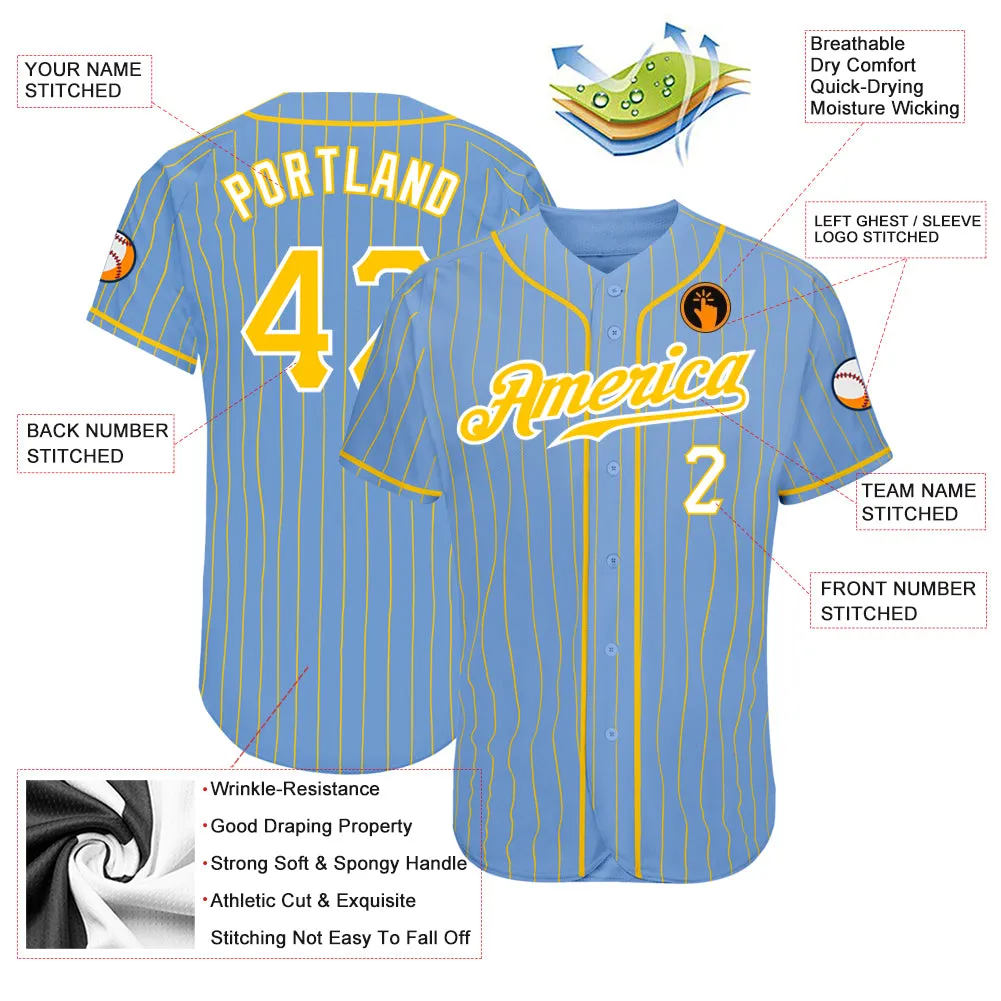 Custom Light Blue Gold Pinstripe Gold-White Authentic Baseball Jersey