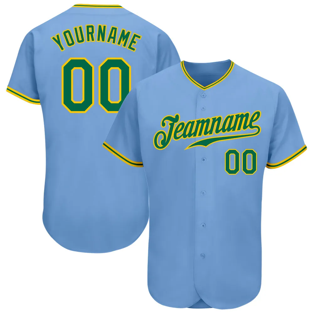 Custom Light Blue Kelly Green-Gold Authentic Baseball Jersey