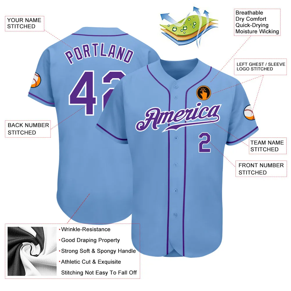 Custom Light Blue Purple-White Authentic Baseball Jersey