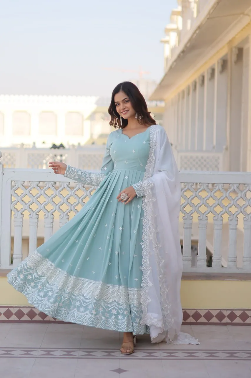 Cyan Luxe Thread & Sequins Embroidered Designer Gown with Russian Silk Dupatta