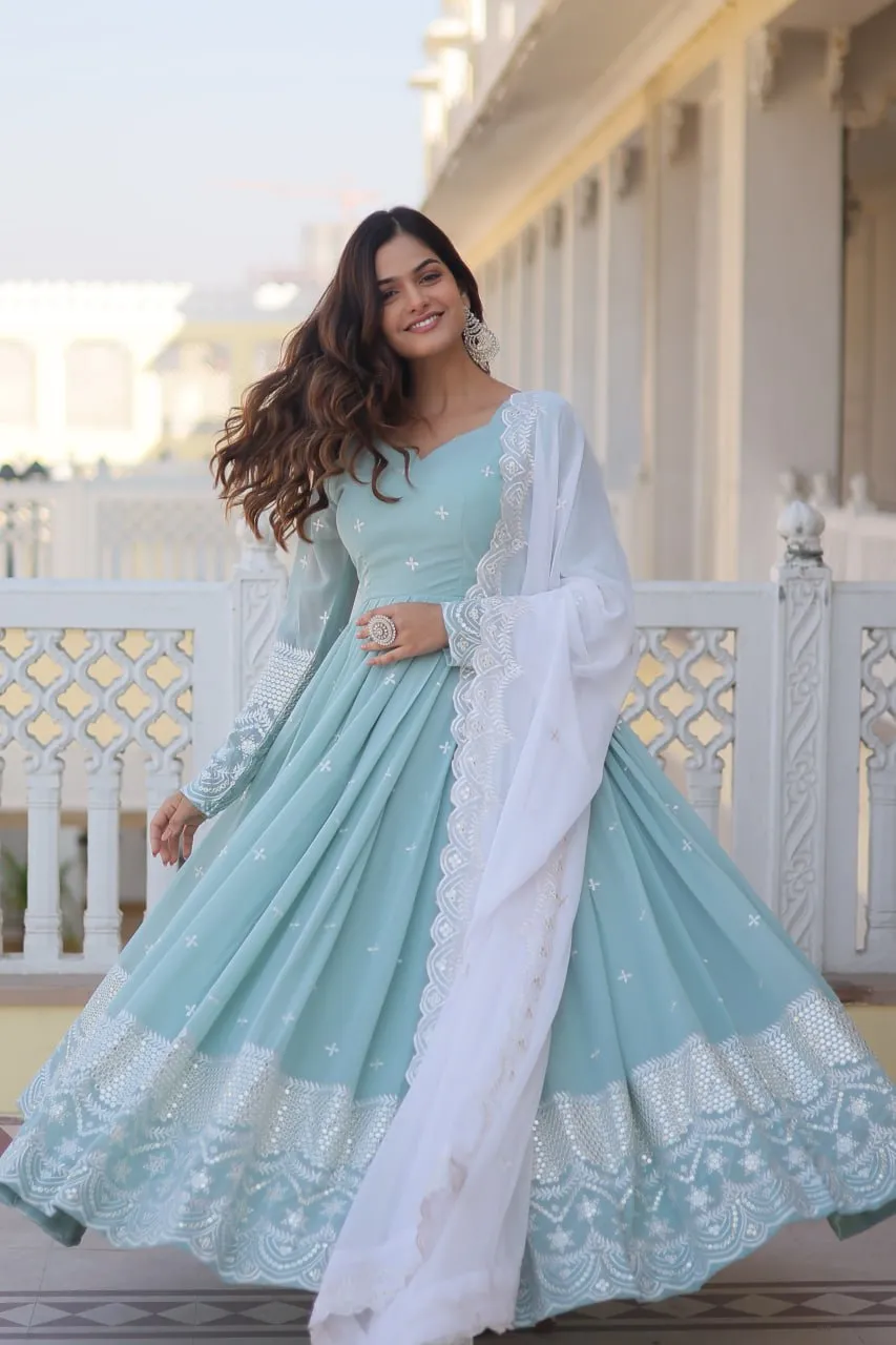 Cyan Luxe Thread & Sequins Embroidered Designer Gown with Russian Silk Dupatta