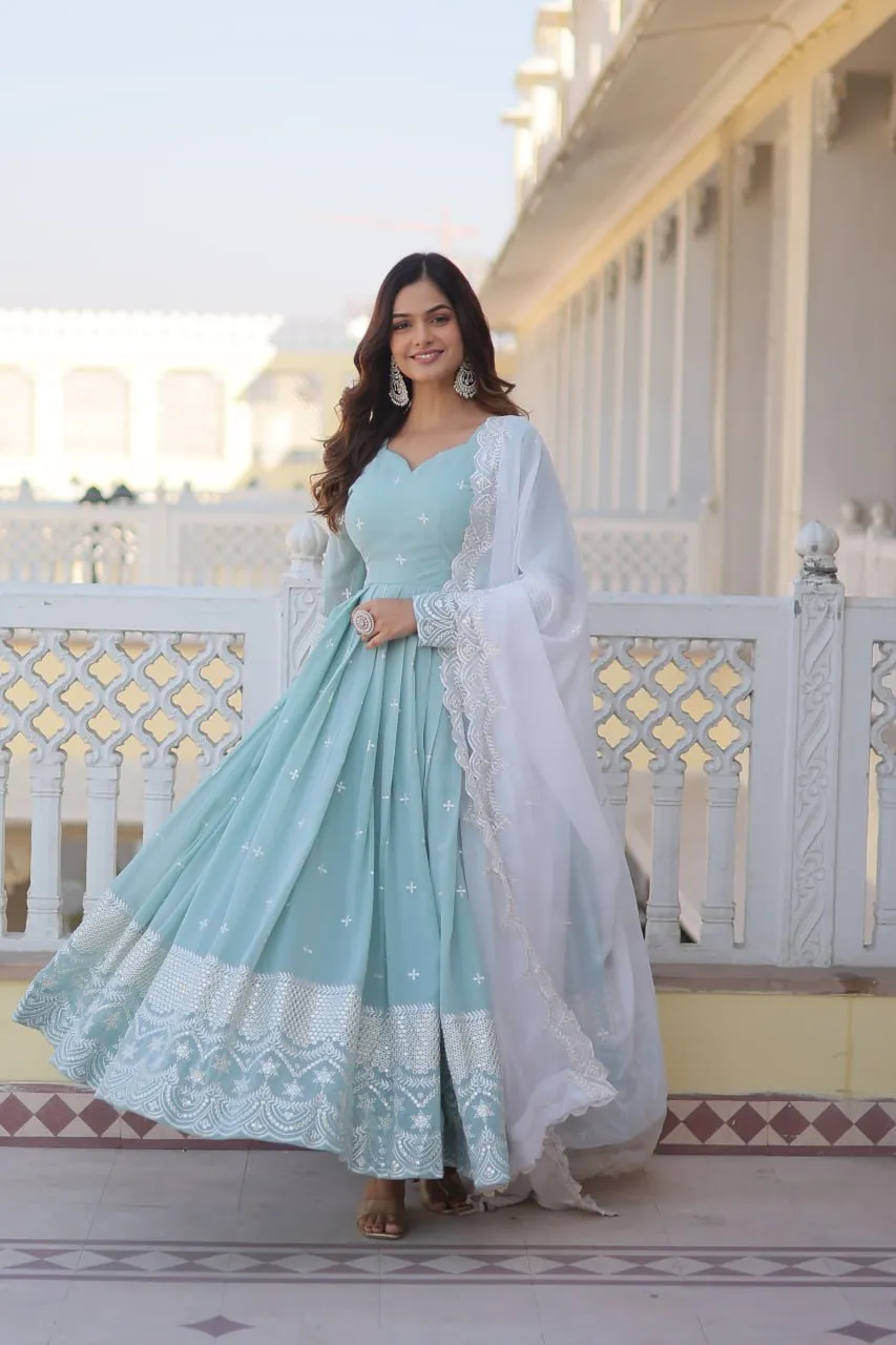 Cyan Luxe Thread & Sequins Embroidered Designer Gown with Russian Silk Dupatta