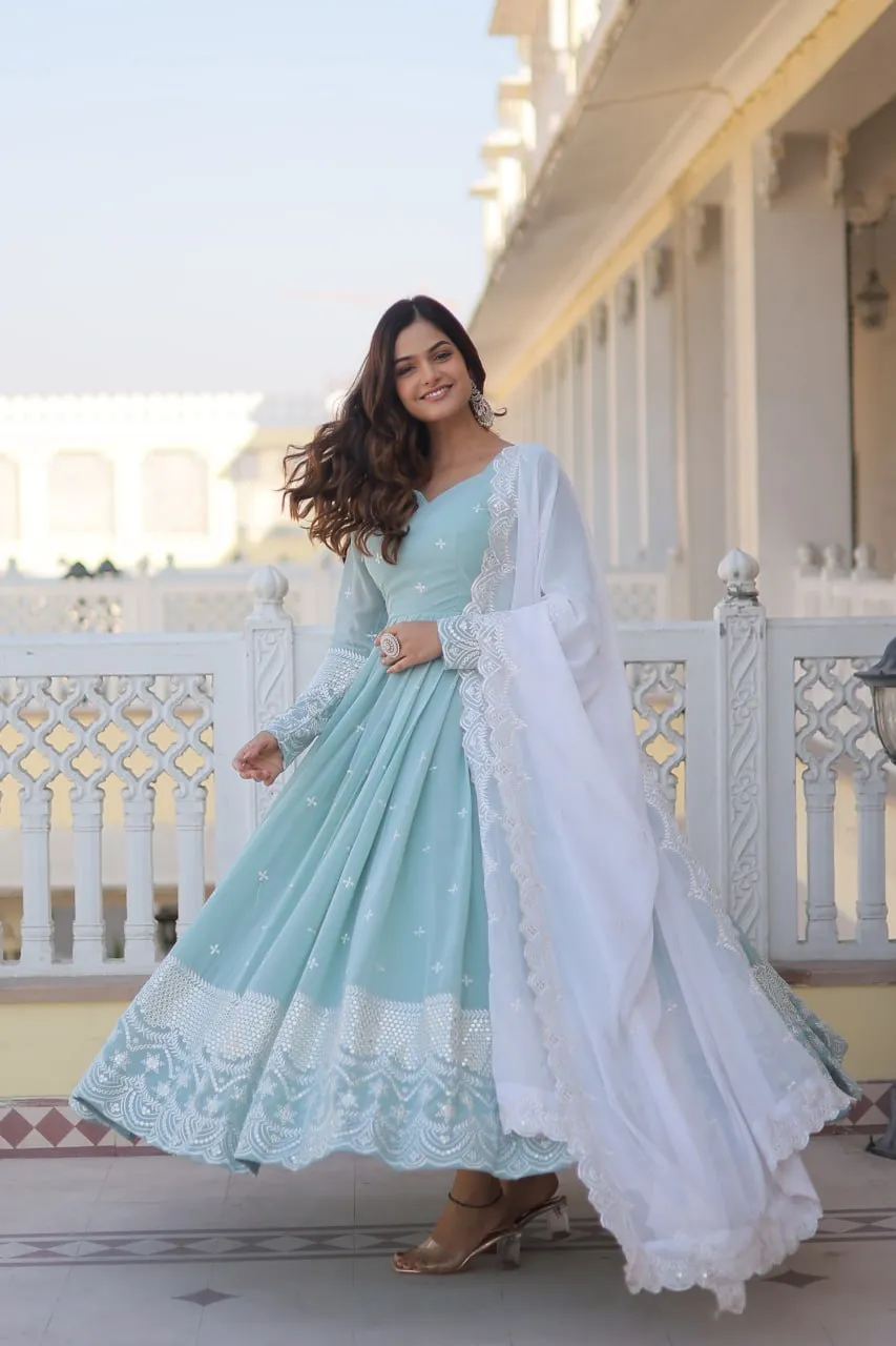 Cyan Luxe Thread & Sequins Embroidered Designer Gown with Russian Silk Dupatta