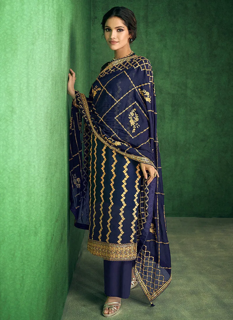 Dark Blue Zari Embroidered Pakistani Pant Suit