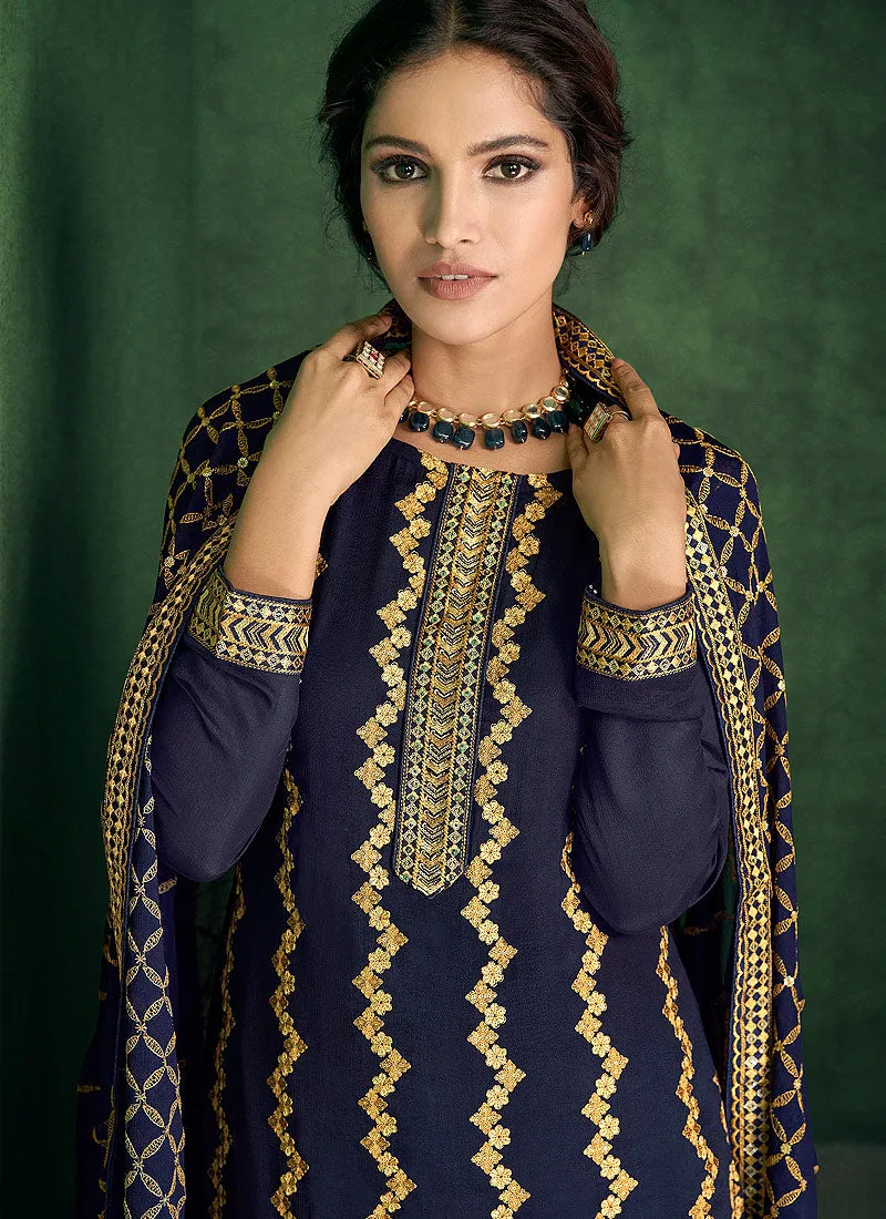 Dark Blue Zari Embroidered Pakistani Pant Suit