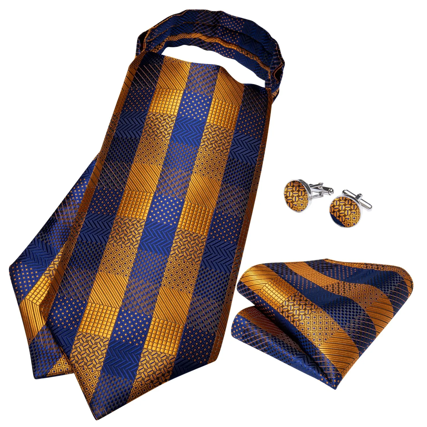 DiBanGu Ascot Tie Blue Yellow Plaid Silk Cravat Ascot Tie Pocket Square Cufflinks With Tie Ring Set