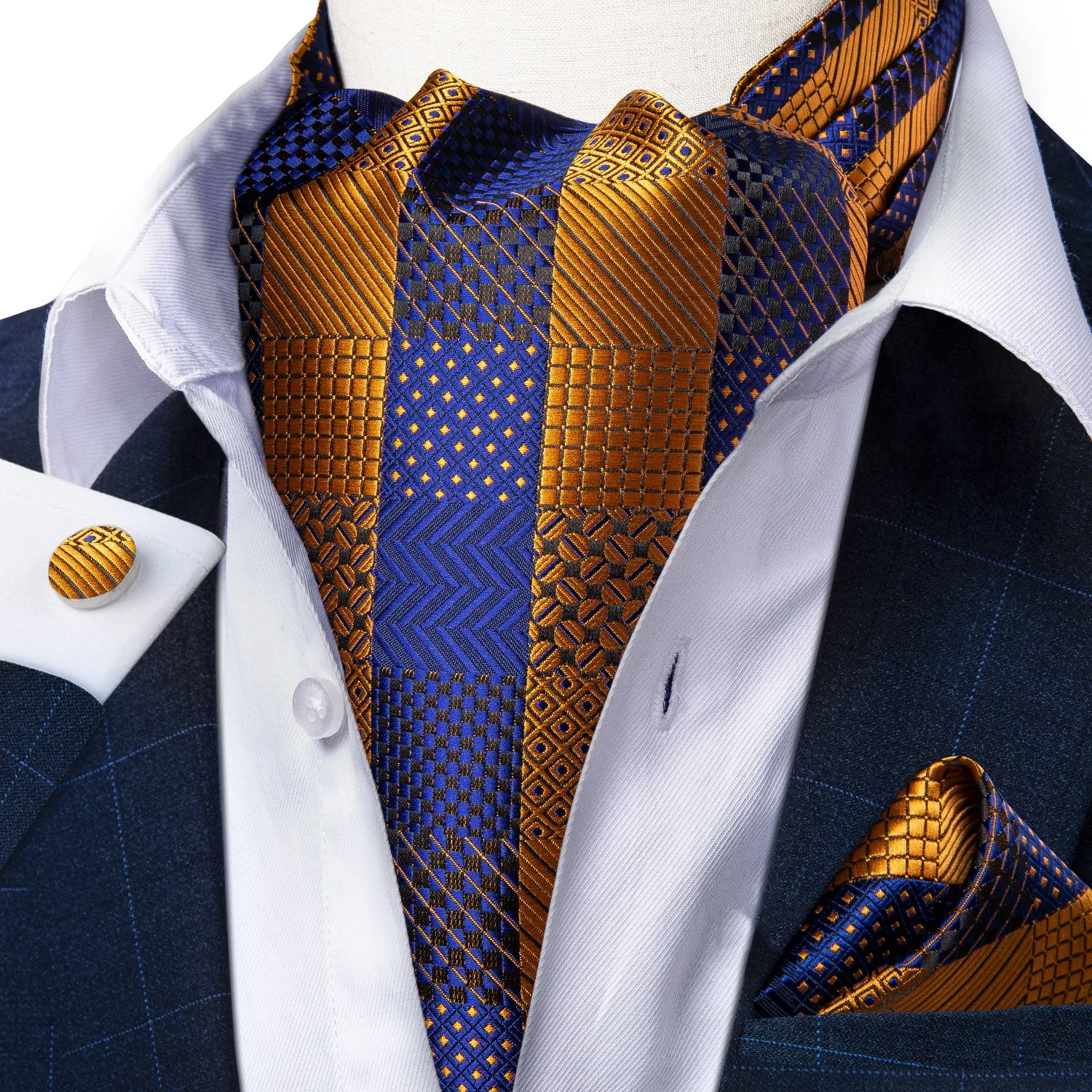 DiBanGu Ascot Tie Blue Yellow Plaid Silk Cravat Ascot Tie Pocket Square Cufflinks With Tie Ring Set