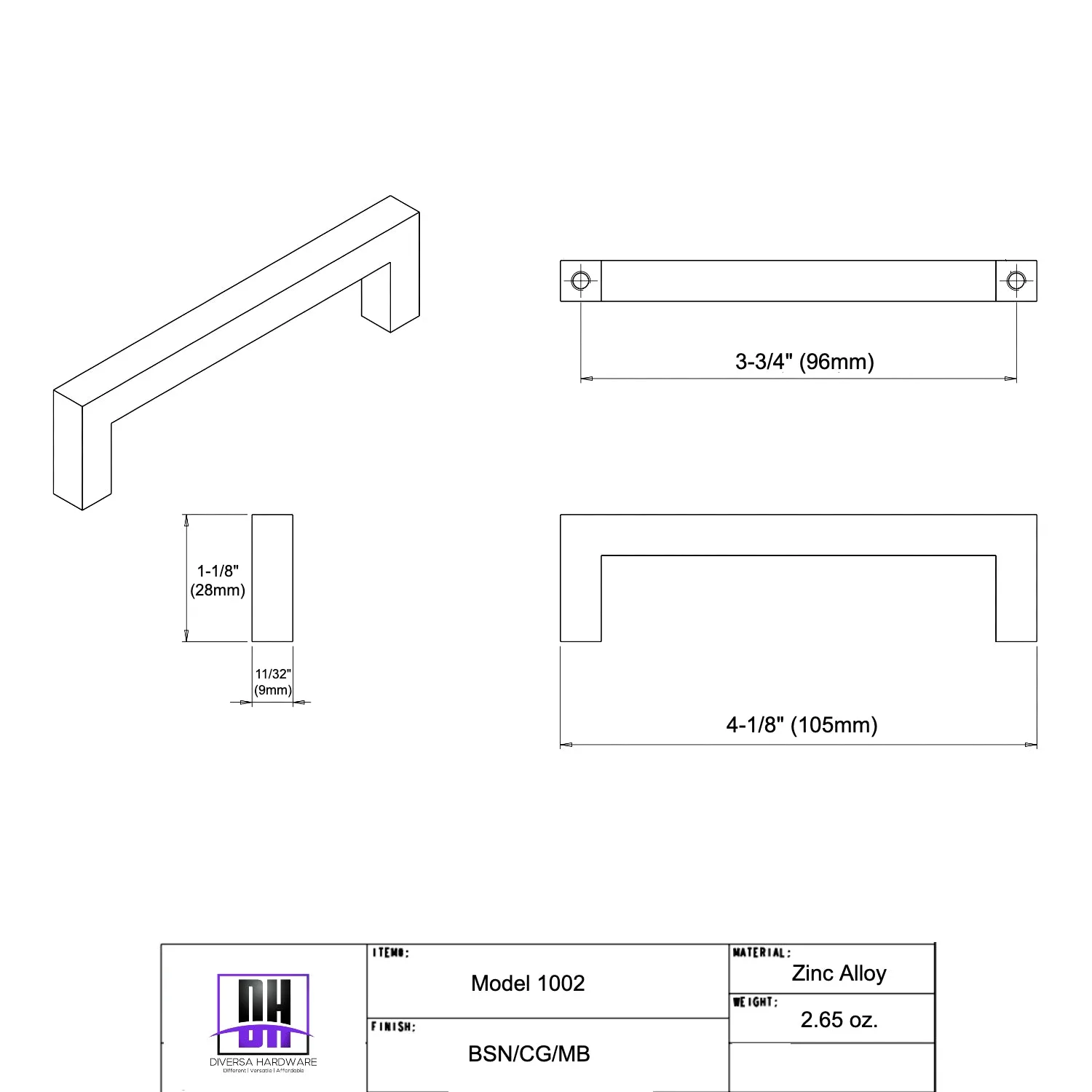 Diversa Matte Black 3-3/4" (96mm) Square Edge Solid Cabinet Bar Pull - 10 PACK