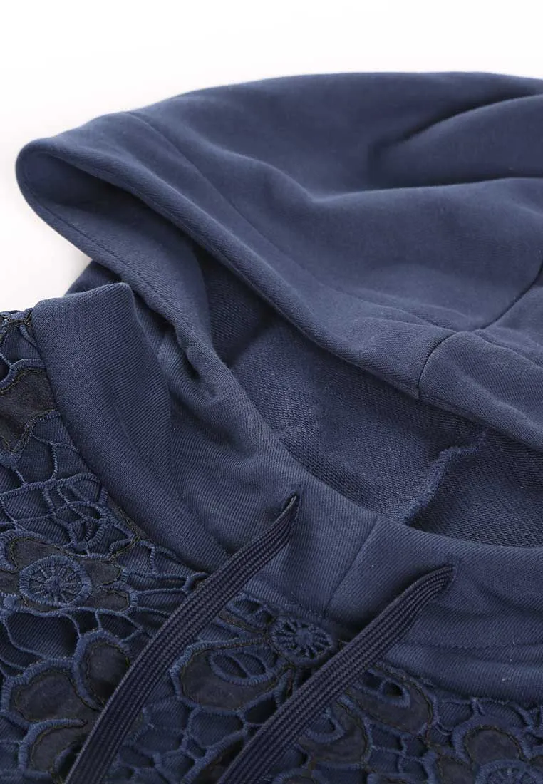 Elodie Navy Lace-embroidered Hoodie