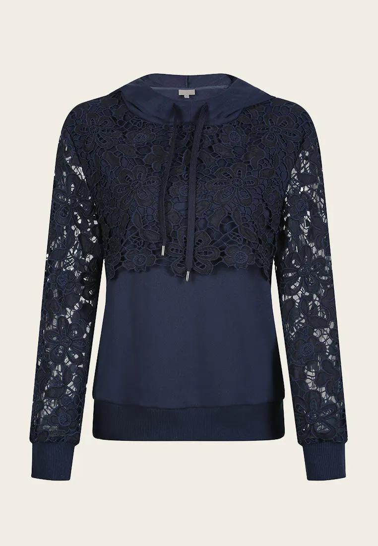 Elodie Navy Lace-embroidered Hoodie