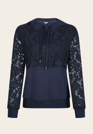 Elodie Navy Lace-embroidered Hoodie