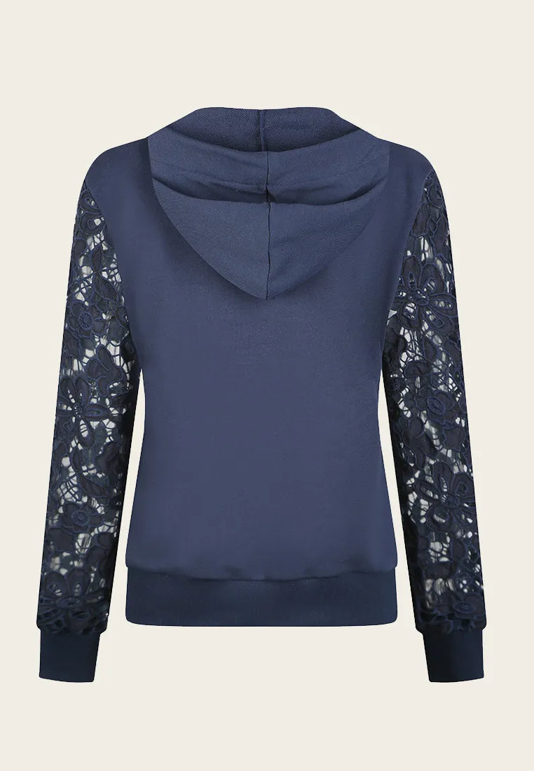 Elodie Navy Lace-embroidered Hoodie