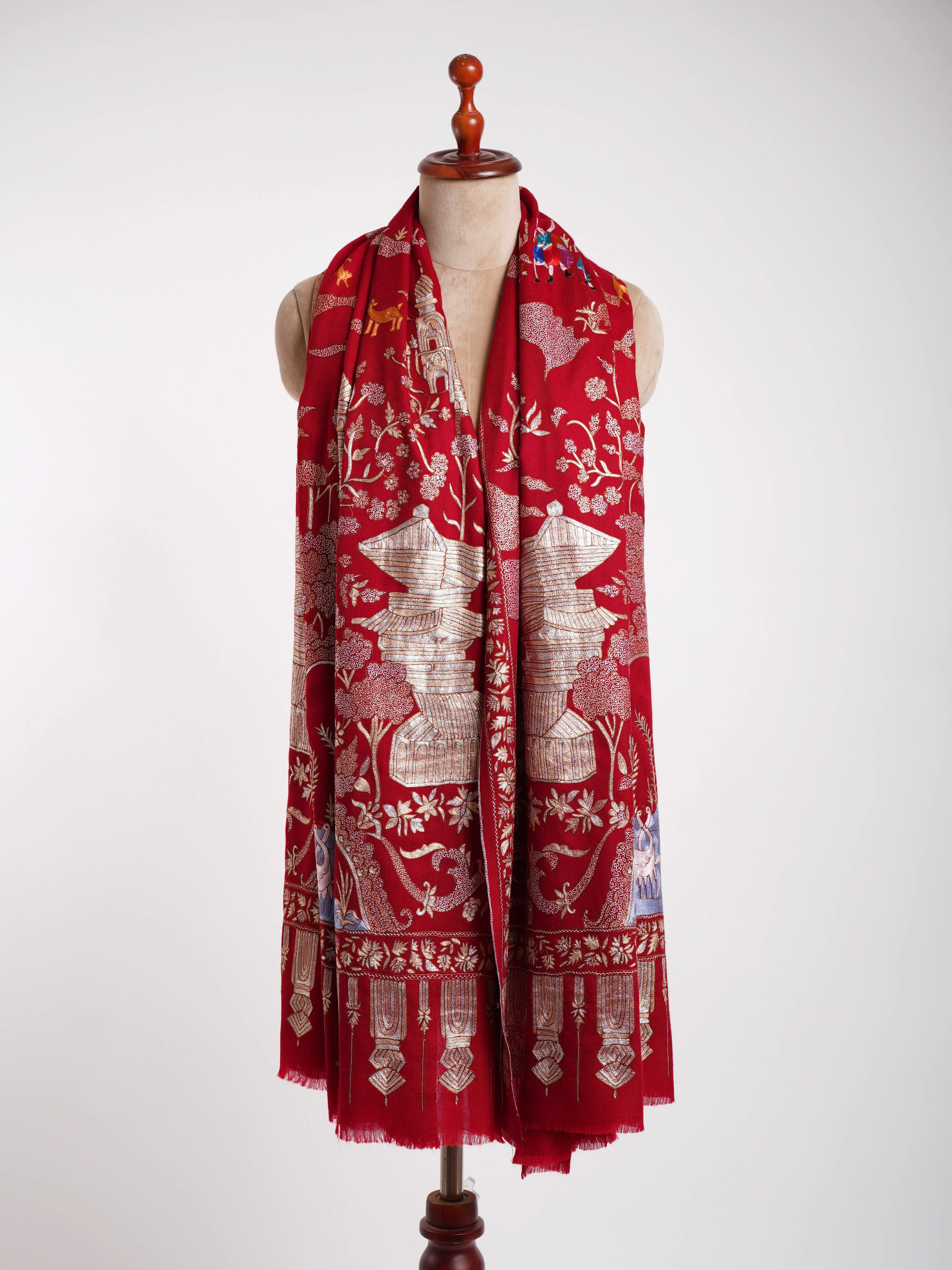 Embroidered China Town Red Pashmina Metallic Shawl