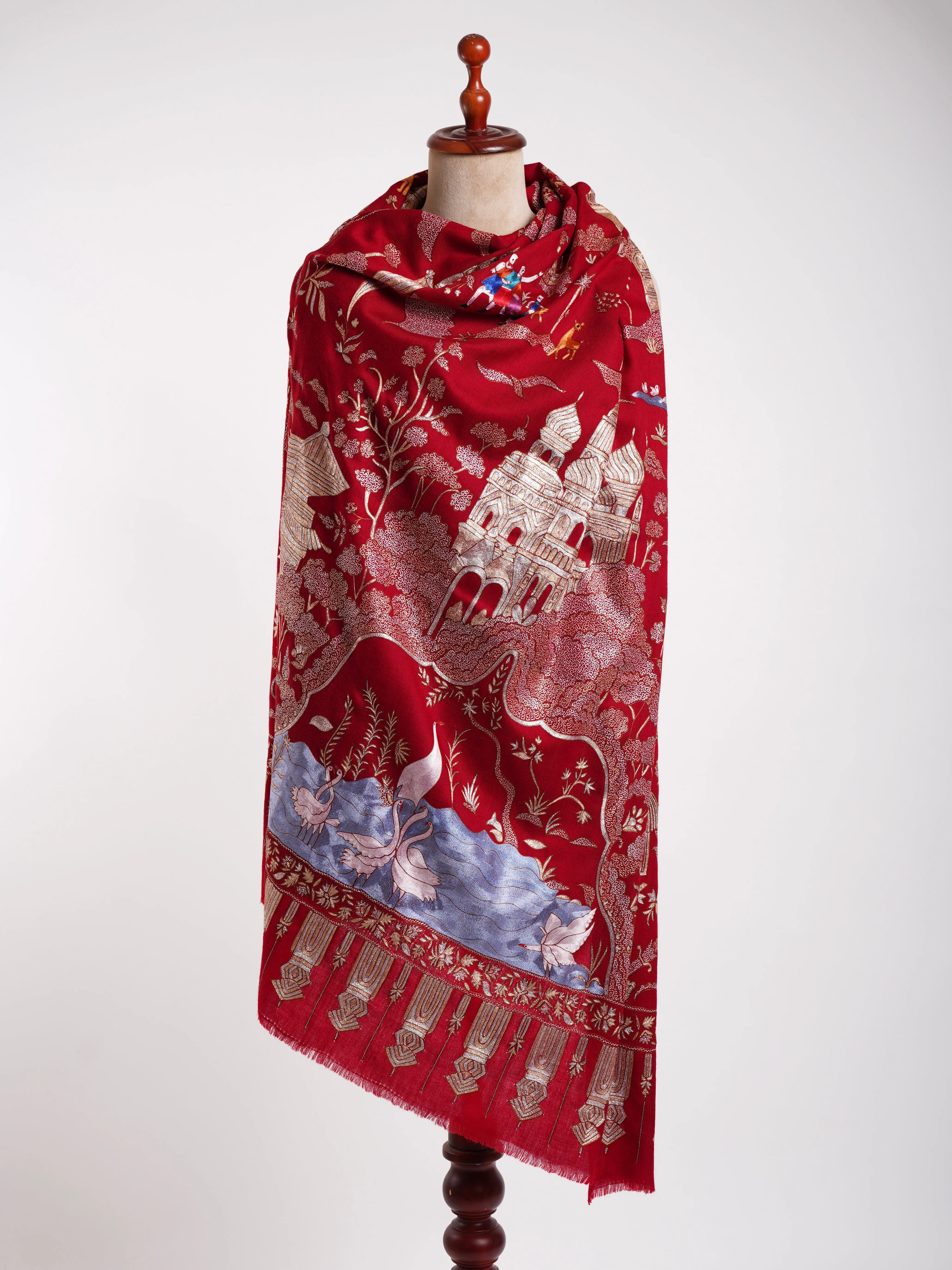 Embroidered China Town Red Pashmina Metallic Shawl