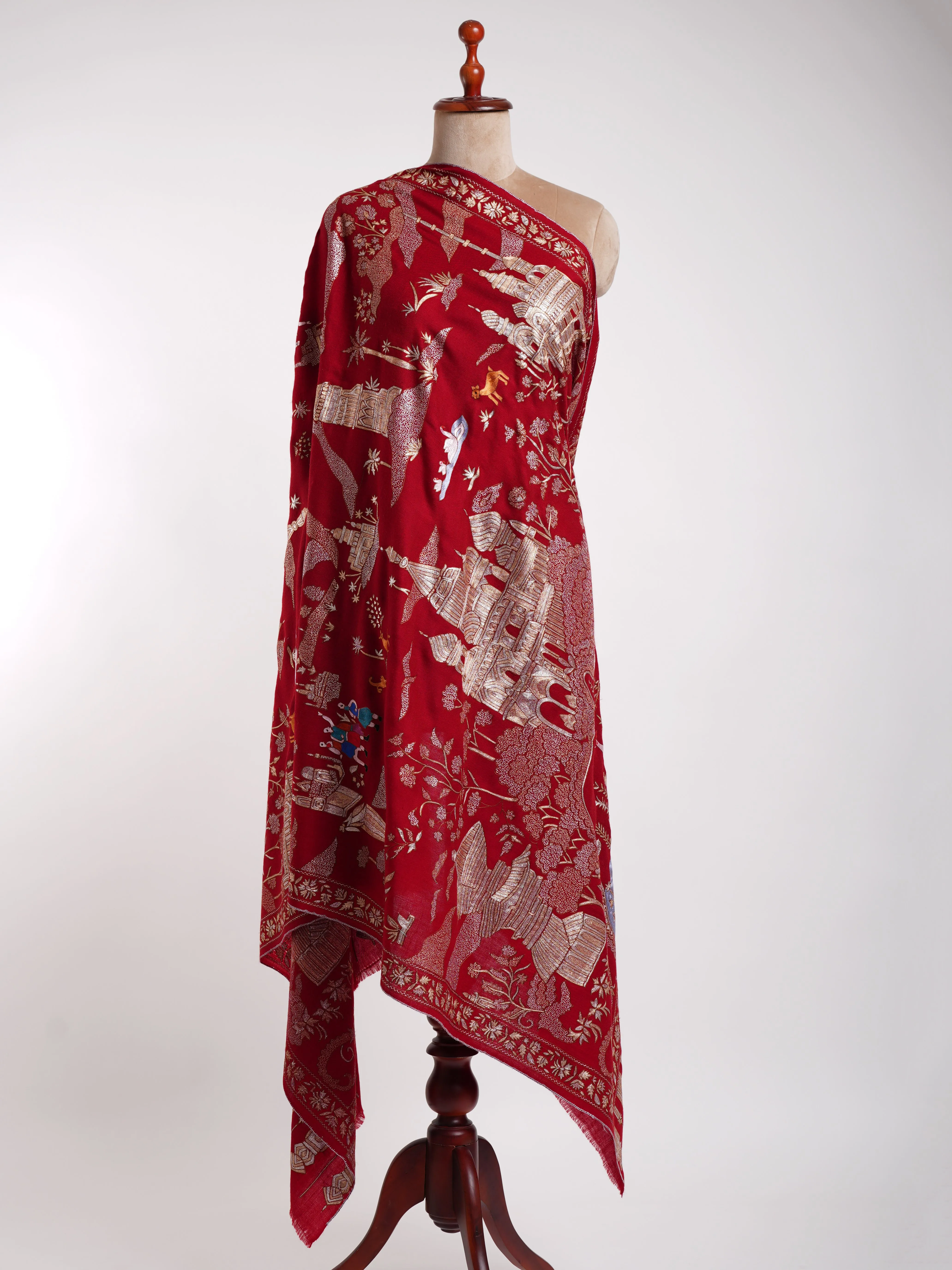 Embroidered China Town Red Pashmina Metallic Shawl