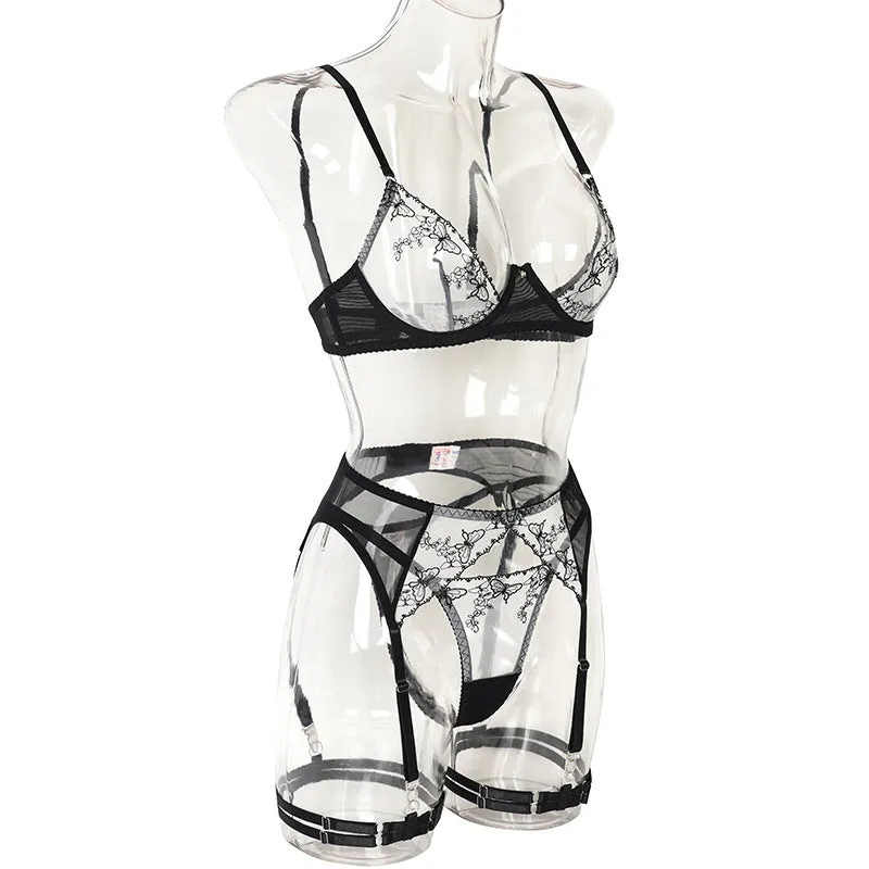 Embroidery Splicing Underwear And Garter Belt Set O