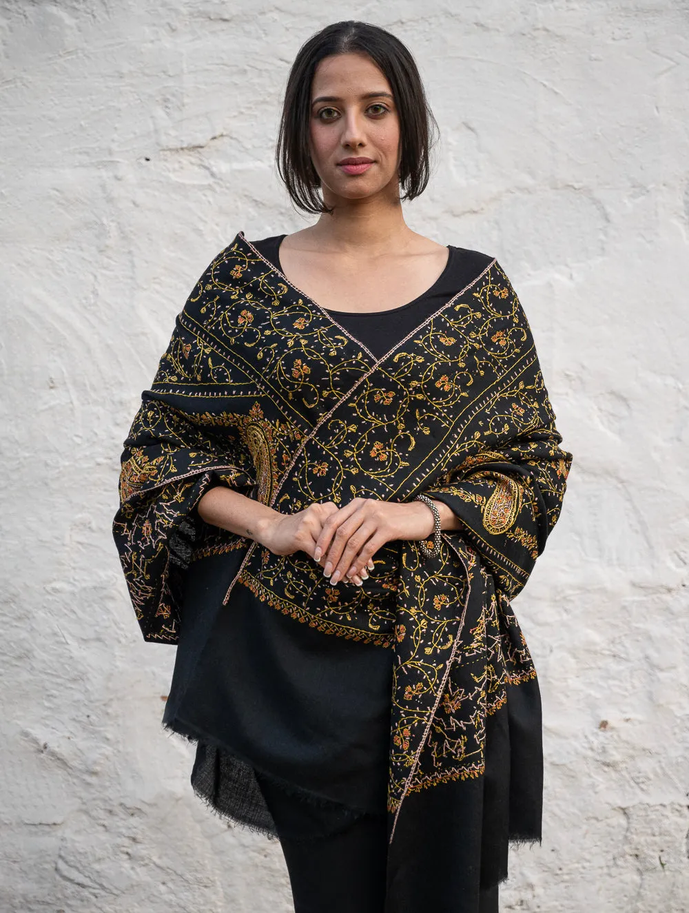 Exclusive, Fine Hand Embroidered Kashmiri Shawl - Black Paisley