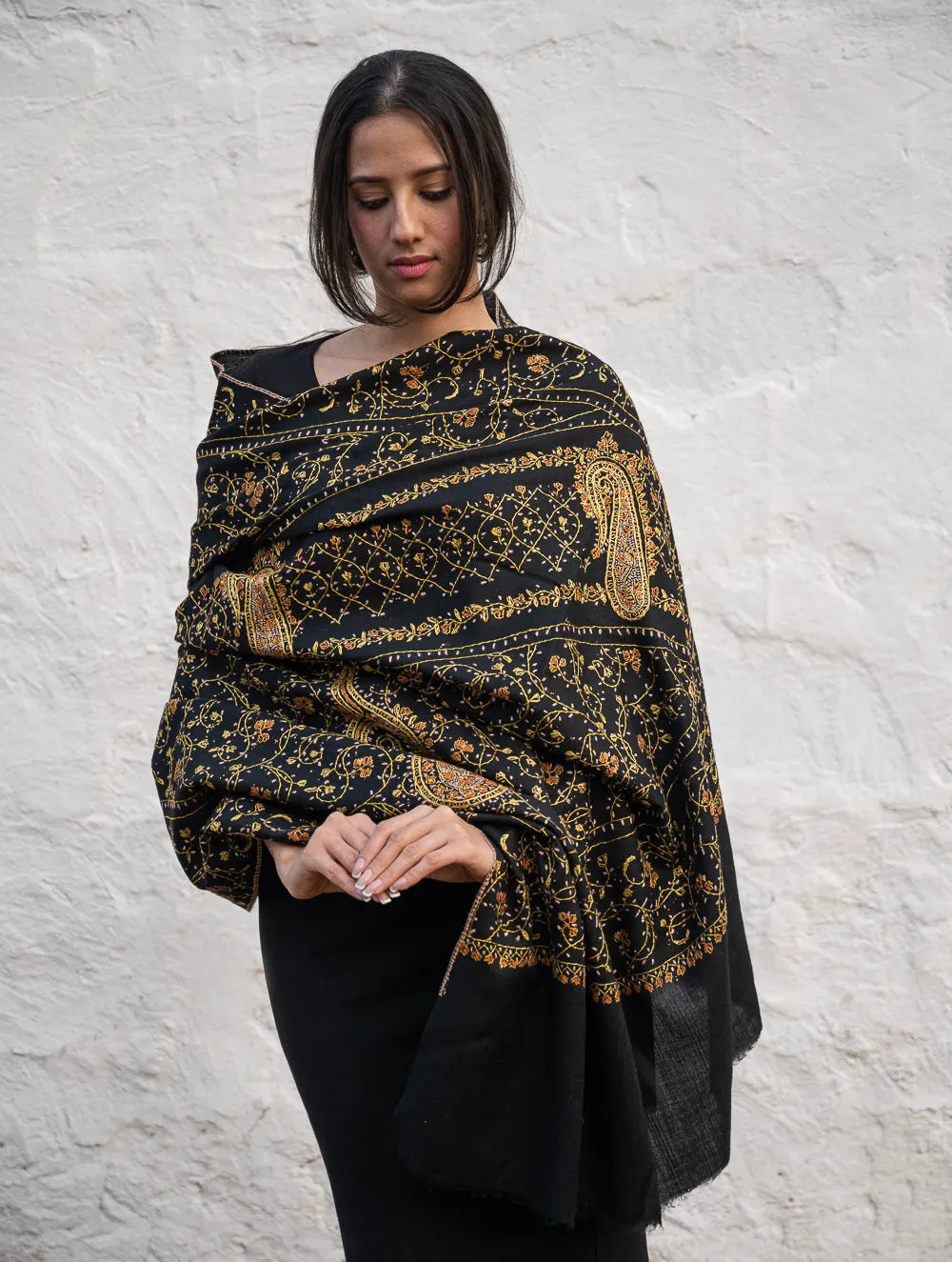 Exclusive, Fine Hand Embroidered Kashmiri Shawl - Black Paisley