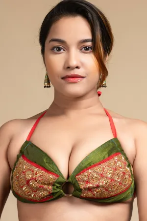 Exclusive Hand Embroidered Green Backless Halter Neck Bikini Blouse for Women