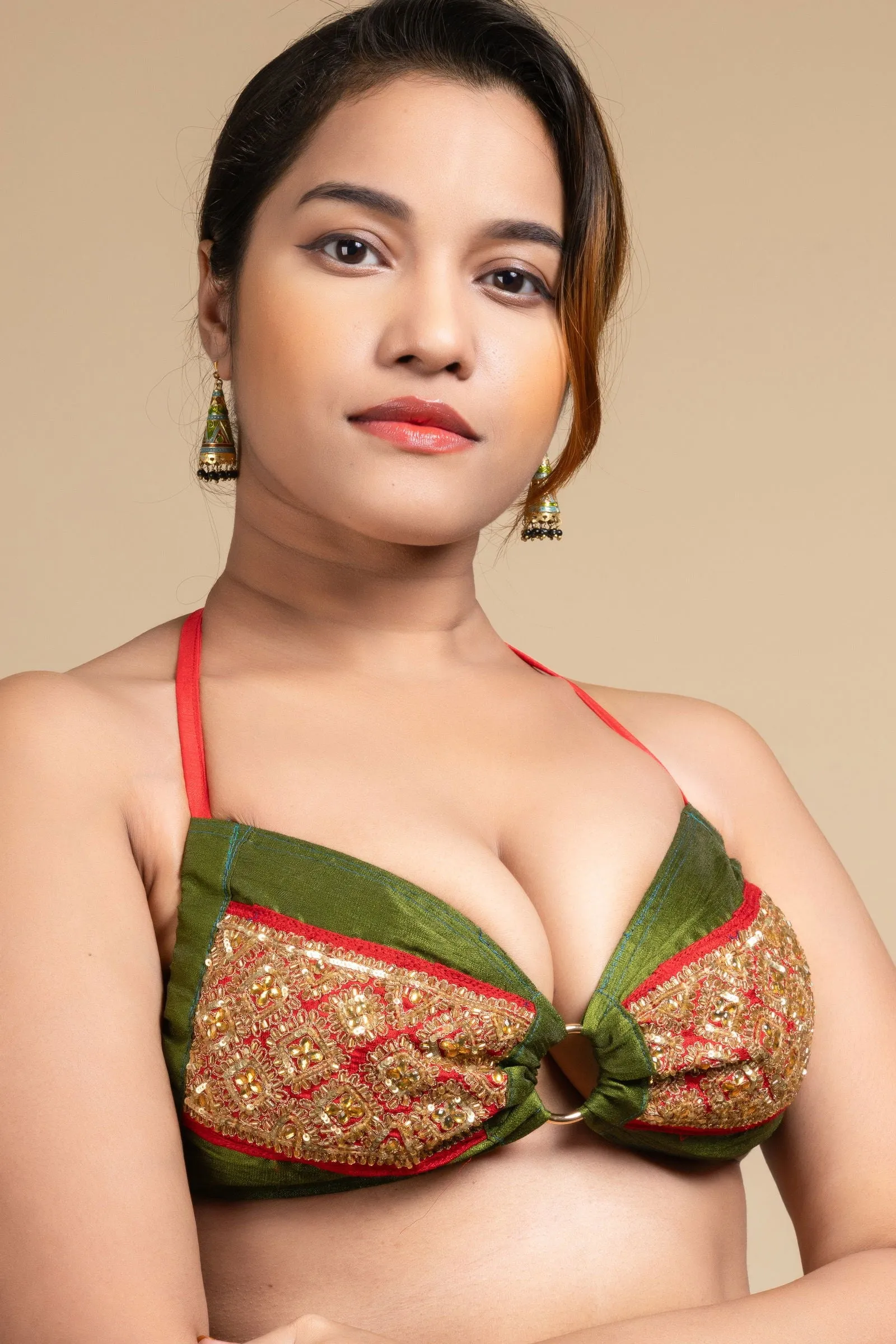 Exclusive Hand Embroidered Green Backless Halter Neck Bikini Blouse for Women